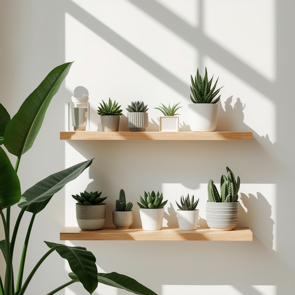 A sunny indoor setting featuring a variety of succulents and cacti perfectly arranged on minimalist floating wooden shelves, clear bright day - Nano Banana2